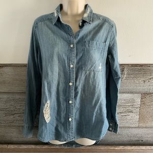 Mossimo Shirt Boyfriend Fit  Chambray Distressed Sz XS